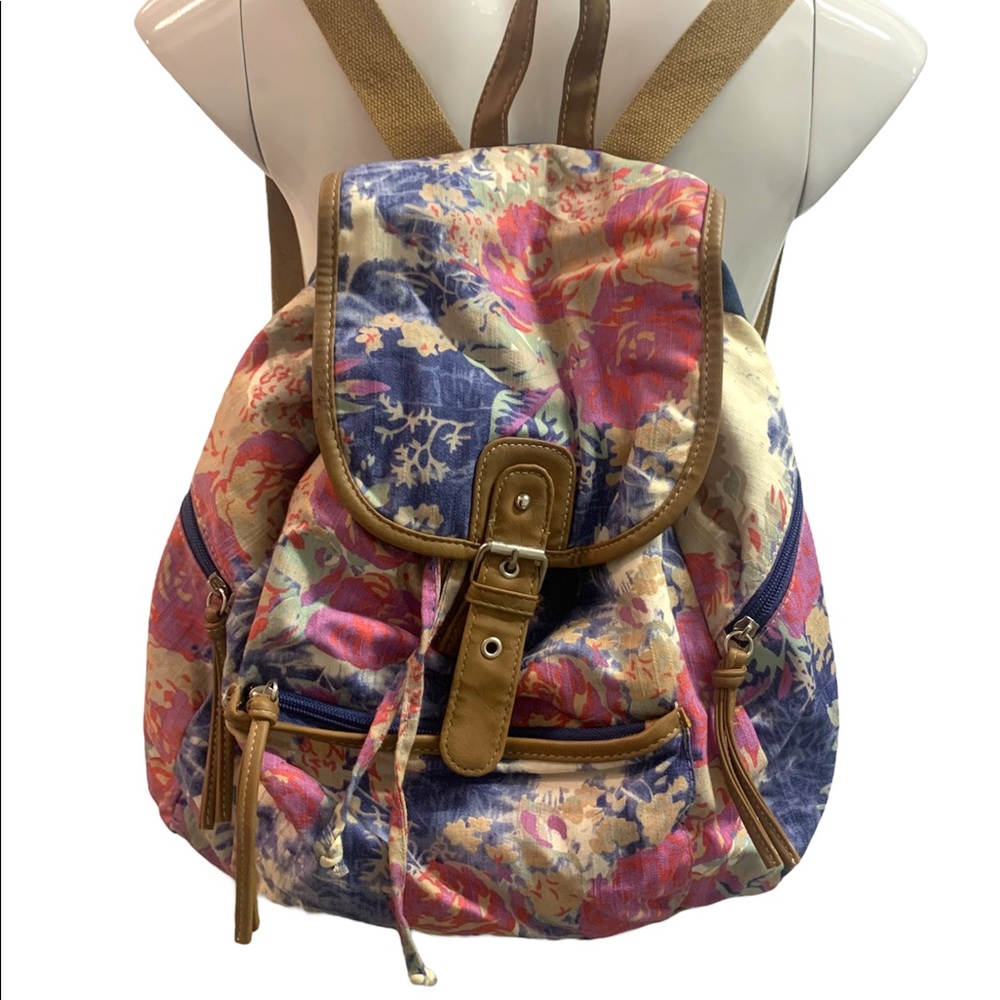 Floral pattern chambray fabric backpack faux leather piping drawstring backpack